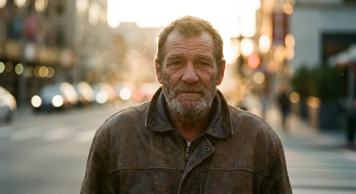 Результат генерации Nano Banana — атмосферный портрет мужчины в кожаной куртке на закате